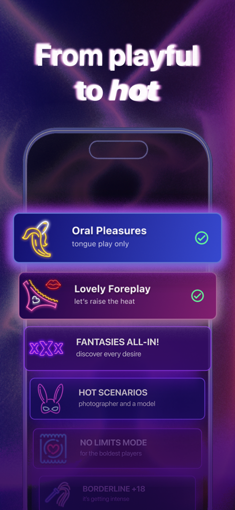 Sex Game for Couples: Kinky! - Mobile App-Oberfläche, die verschiedene Spielmodi für Paare anzeigt, von spielerischem Vorspiel bis zu intensiven Fantasien.