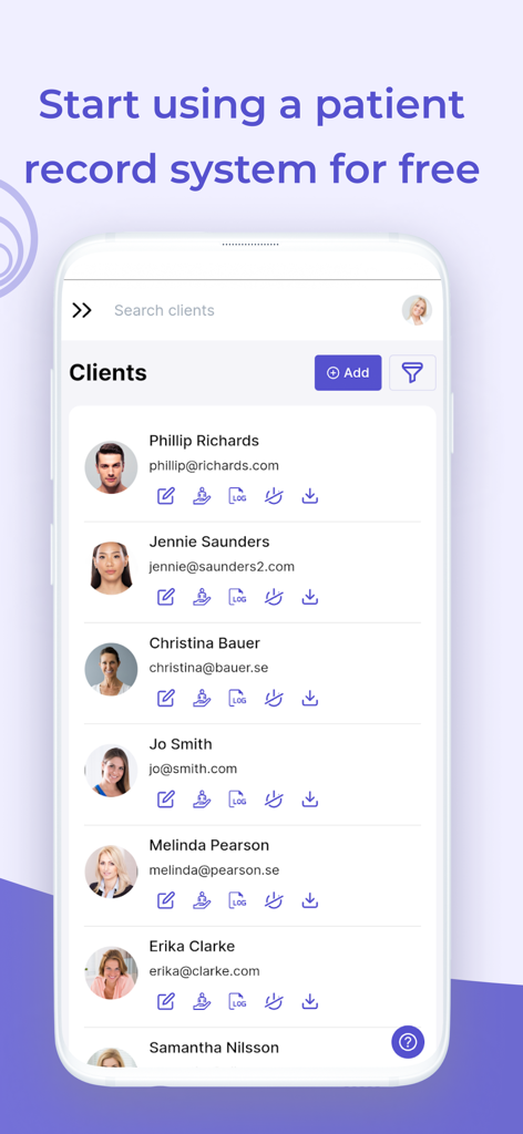MERIDIQ - MERIDIQクライアント管理インターフェースを表示するモバイル画面、患者リストが表示されています