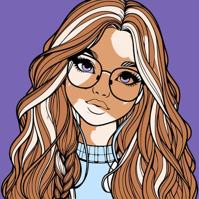 girl with long hair and freckles and glasses realistic