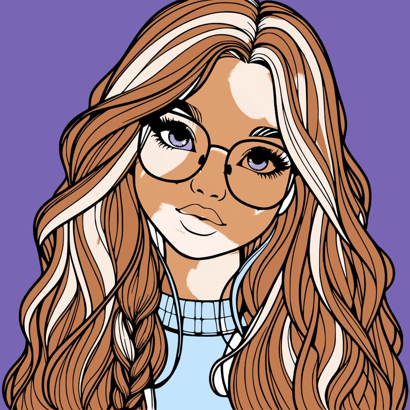 girl with long hair and freckles and glasses realistic