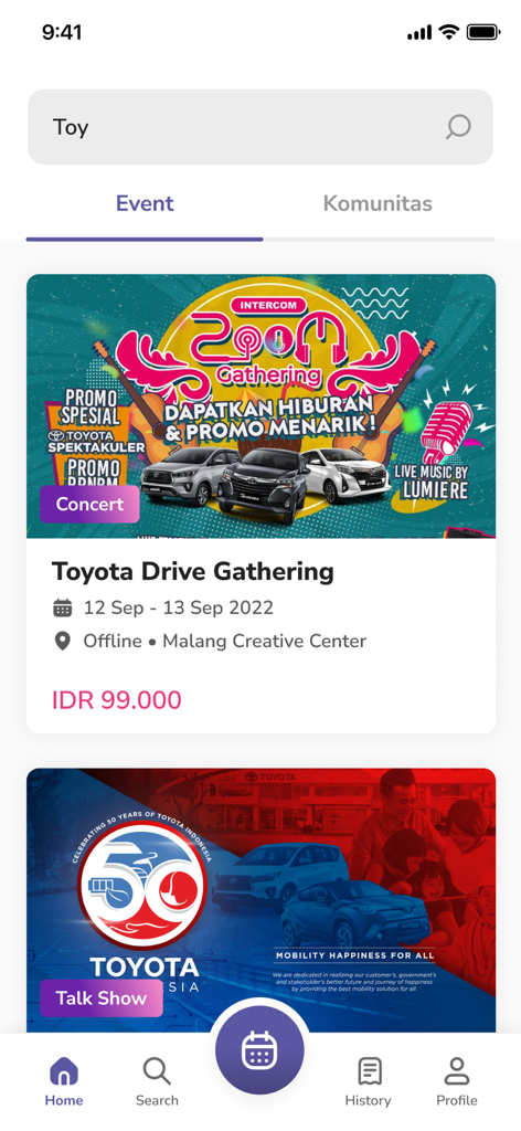 Youniverse - Community - Youniverse app event discovery screen showing community gatherings and concerts in Indonesia