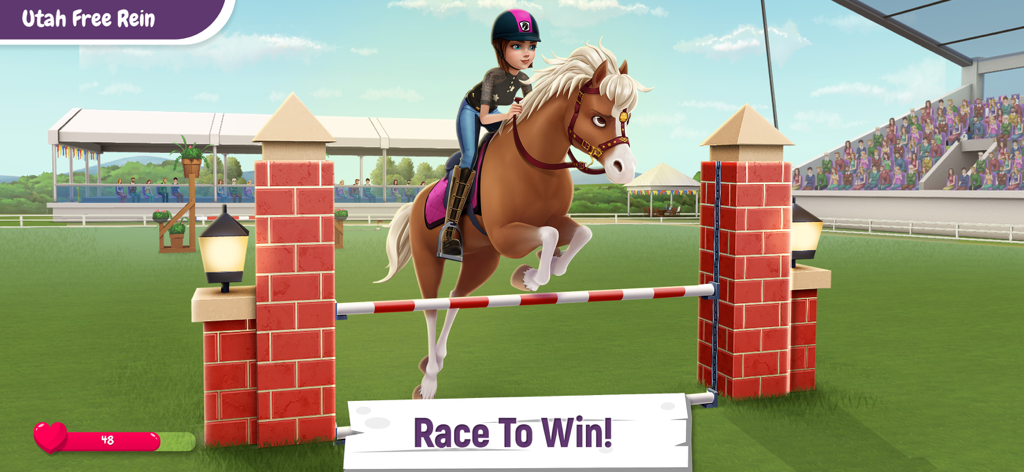 My Horse Stories - スタジアムでの馬術競技中にハードルを飛び越える馬に乗った若い少女