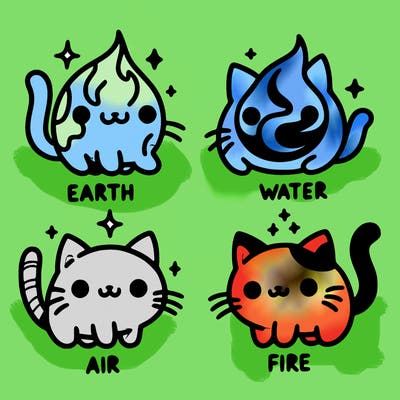 4 cats that represent the different elements, earth, water, air, and fire