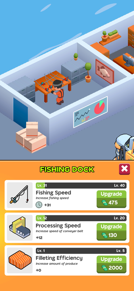 My Fishing Market  Idle Empire - Captura de pantalla del menú de mejoras del Muelle de Pesca en el juego móvil Mi Mercado de Pesca Imperio Inactivo que muestra opciones de velocidad de pesca y eficiencia de procesamiento