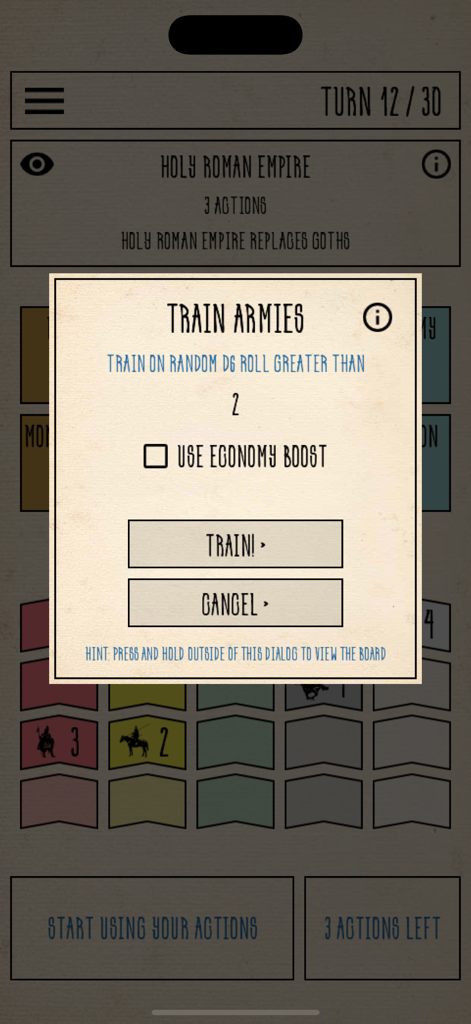 Train Armies menu in the Constantinople historical strategy board game