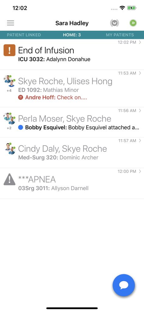 Vocera Vina app interface showing a prioritized list of clinical alerts like End of Infusion and Apnea alongside care team messages.