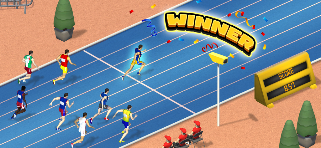 Sprinter Heroes - Two Players - Sprinter Heroes characters crossing the finish line on a blue track with a Winner sign and scoreboard.