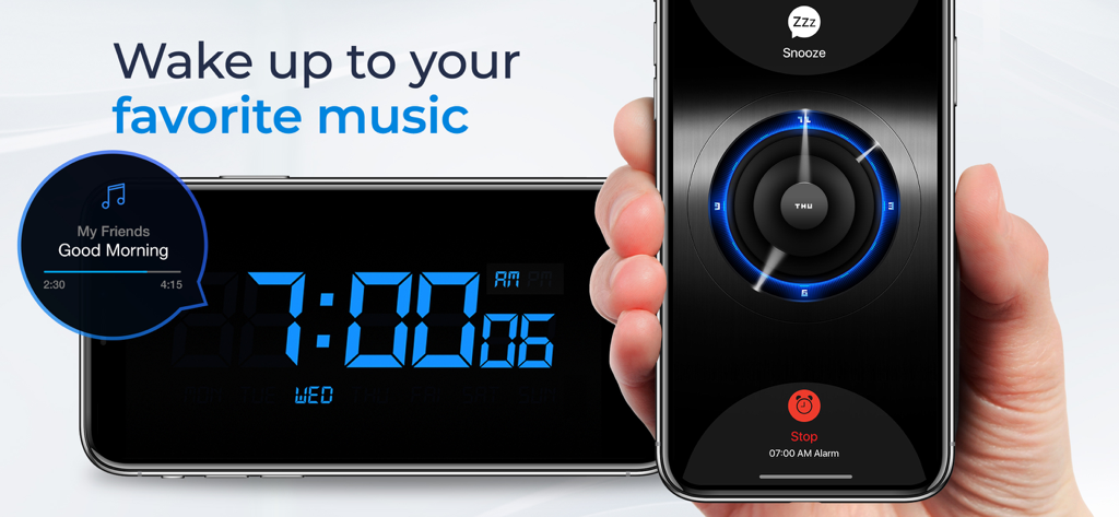 Digital alarm clock display and a smartphone screen showing the feature to wake up to favorite music