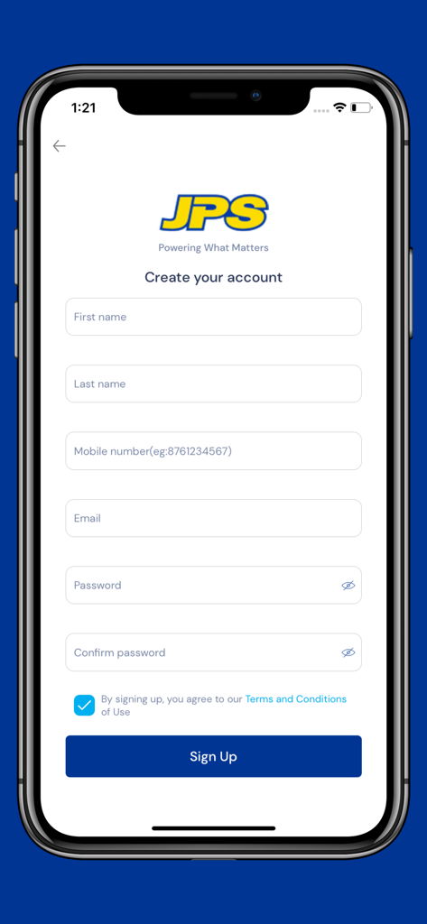 MyJPS - Pantalla de registro para la aplicación MyJPS con campos de registro de cuenta