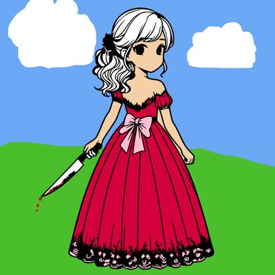 realistic girl holding a knife behind her back in a buetiful dress