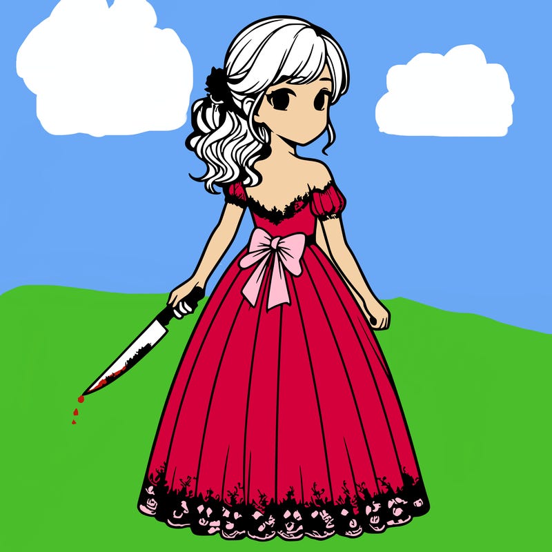 realistic girl holding a knife behind her back in a buetiful dress