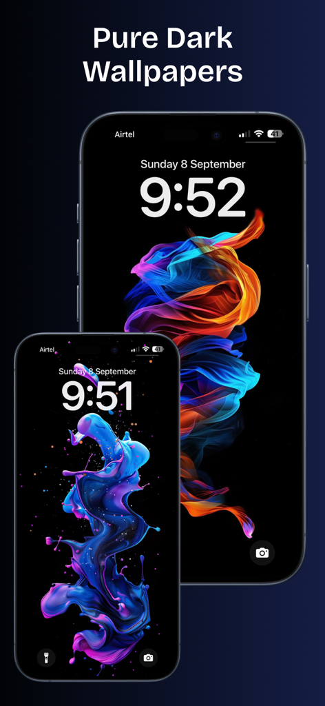 Two iPhones displaying vibrant abstract AMOLED wallpapers on a pure dark background from the Palette app