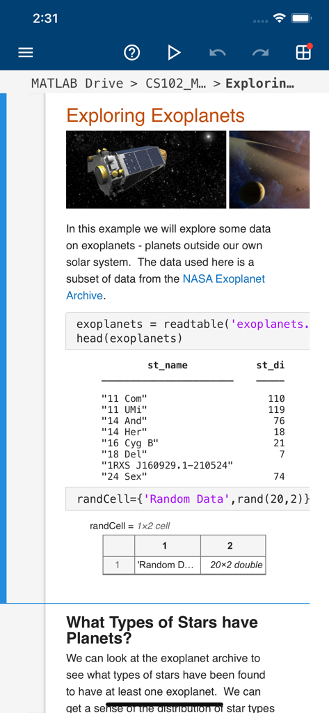 MATLAB Mobile showing a data analysis script about exoplanets with code and results