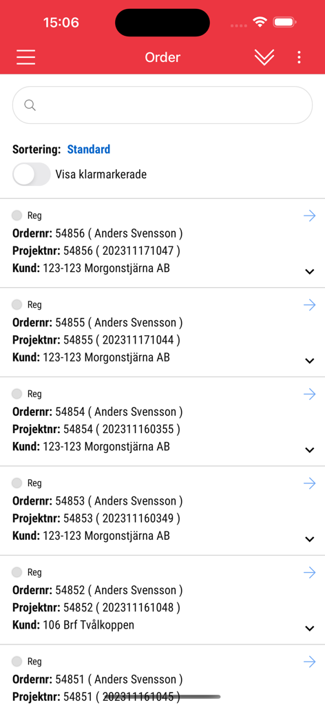 SoftOne GO - Order management screen in the SoftOne GO mobile app