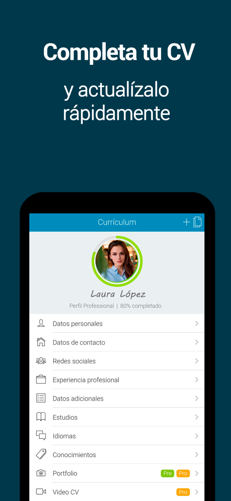 Yobalia - User profile interface in the Yobalia app showing CV sections like personal data and social media