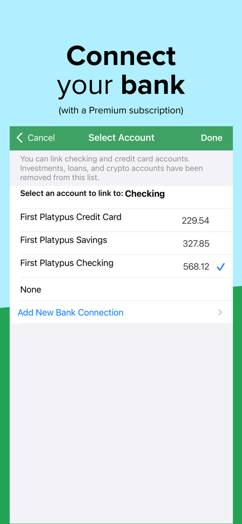 Screen in the Goodbudget app showing a menu to select a bank account to link for premium users