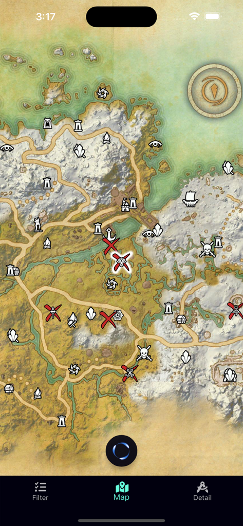 ESO Surveyor - The ESO Surveyor app map interface showing icons for items and completed locations marked with red crosses