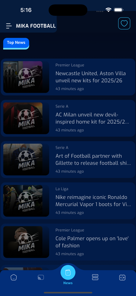 Mika Football - The top news feed section of the Mika Football mobile application.
