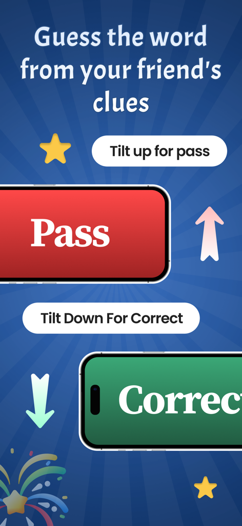 Gameplay screen explaining how to tilt the phone up to pass and down for a correct answer in the Charades app