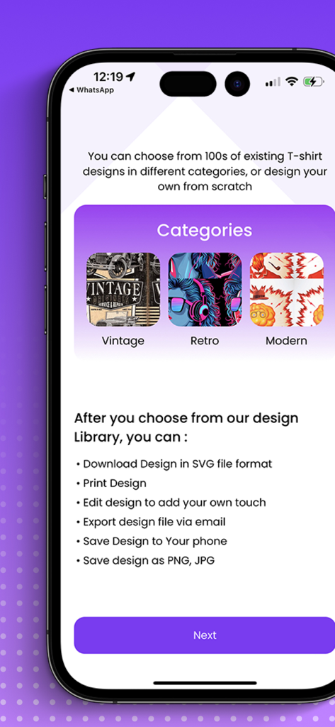 T-Shirt Designer Tool - Mobile app screen showing t-shirt design categories like vintage and retro with a list of export features