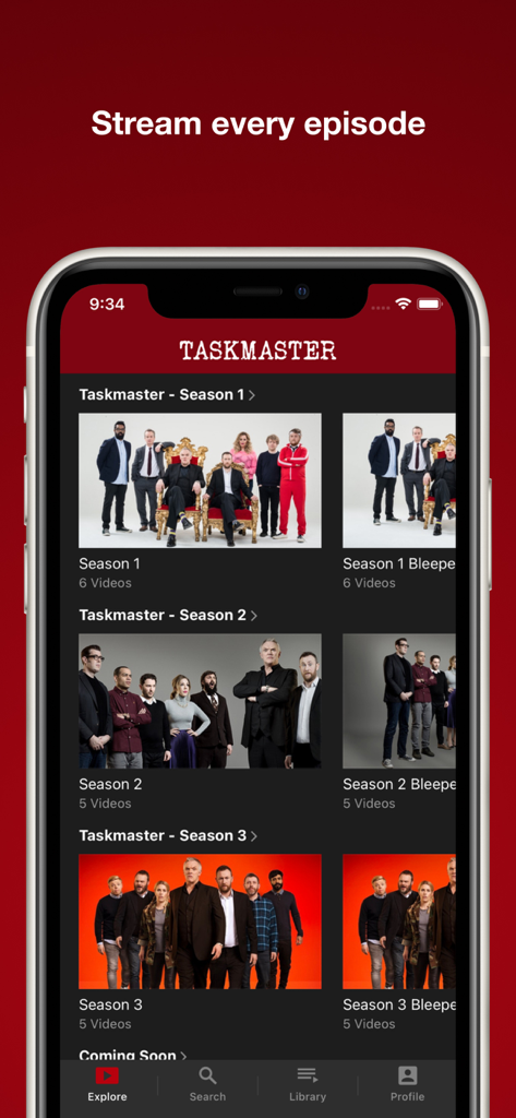 Taskmaster SuperMax+ - Taskmaster SuperMax plus app interface displaying multiple seasons of the show available for streaming.