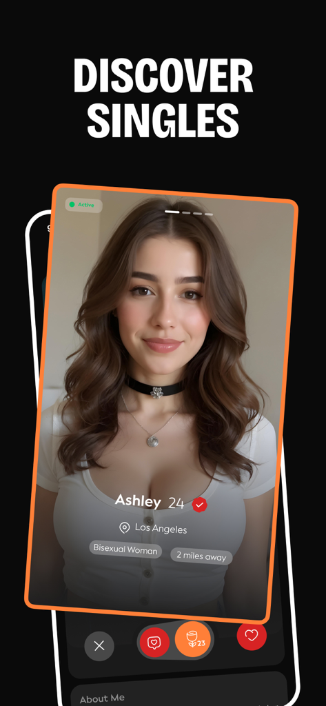 YOLO dating app interface showing a verified profile for Ashley a bisexual woman in Los Angeles.