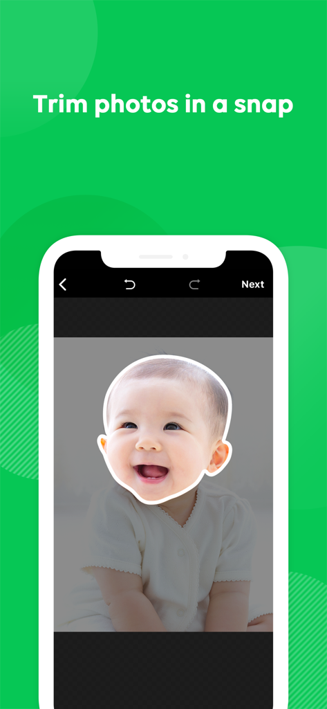 LINE Sticker Maker app screen showing the photo trimming feature with a baby face