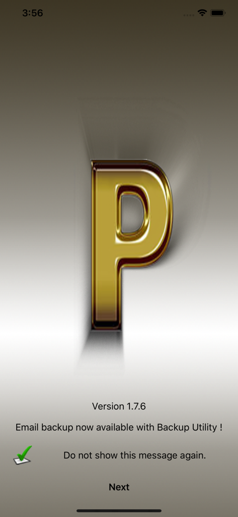 PassDiary Password Manager - Ecrã introdutório da aplicação PassDiary com um logótipo dourado P e uma notificação sobre a utilidade de backup por e-mail.