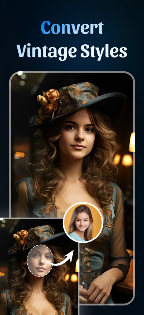 AI Face Swap app interface showing a woman being transformed into a vintage style portrait with a decorative hat