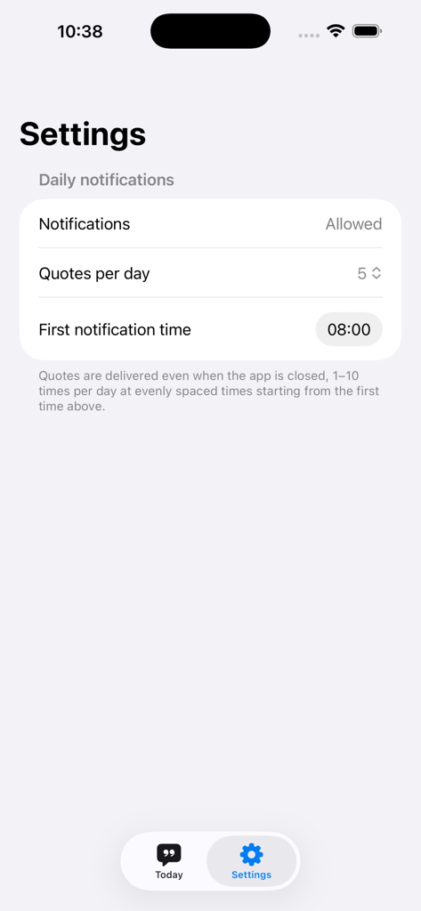 Settings screen for configuring daily motivation quote notifications and frequency