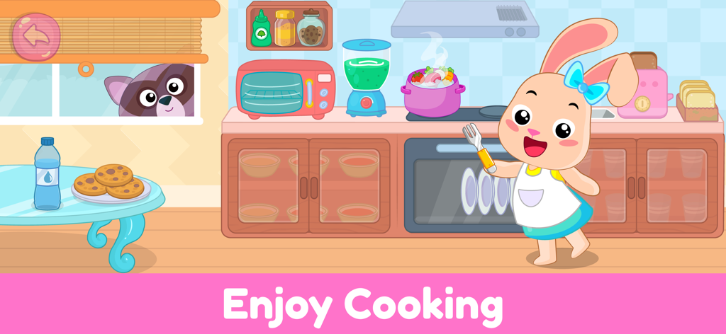 Kids Cooking Games for Toddler - Um personagem de coelho de desenho animado fofo usando um avental em uma cozinha colorida para um jogo de culinária infantil