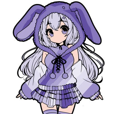 pretty anime girl wearing a fluffy hoodie with bunny ears on the hood and a skirt