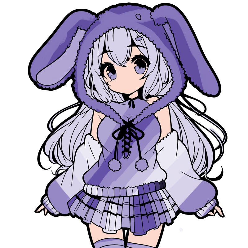 pretty anime girl wearing a fluffy hoodie with bunny ears on the hood and a skirt