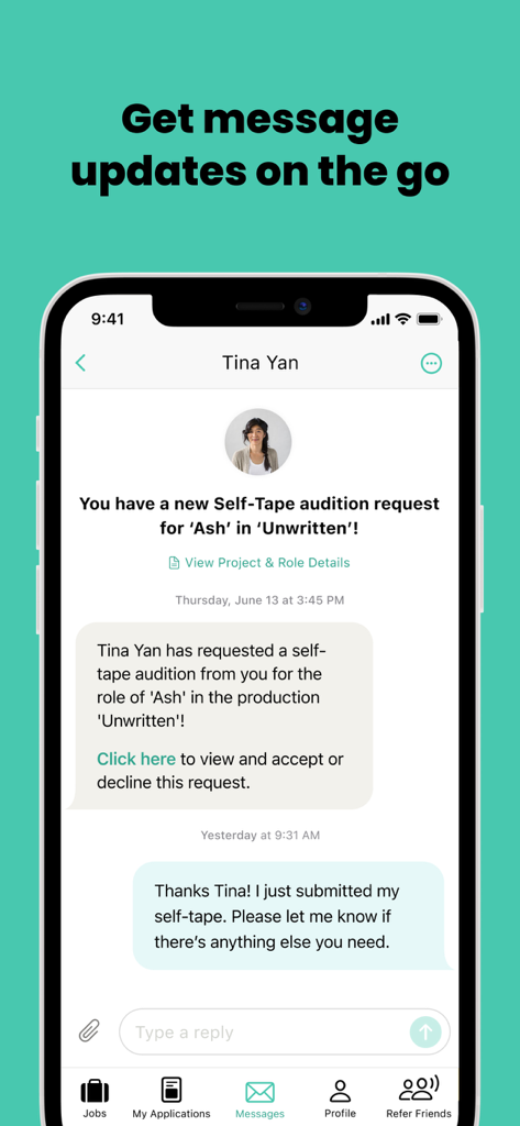 The Mandy Network - Interface of The Mandy Network app showing a message thread for a self-tape audition request