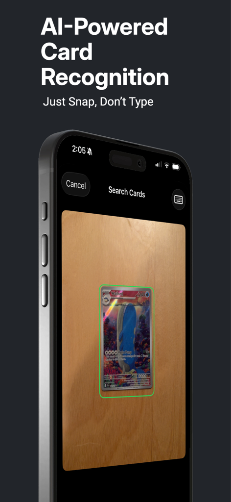 Poké Pricer: Pokemon Scanner - iPhone screen featuring Poke Pricer AI powered card recognition scanning a Pokemon card