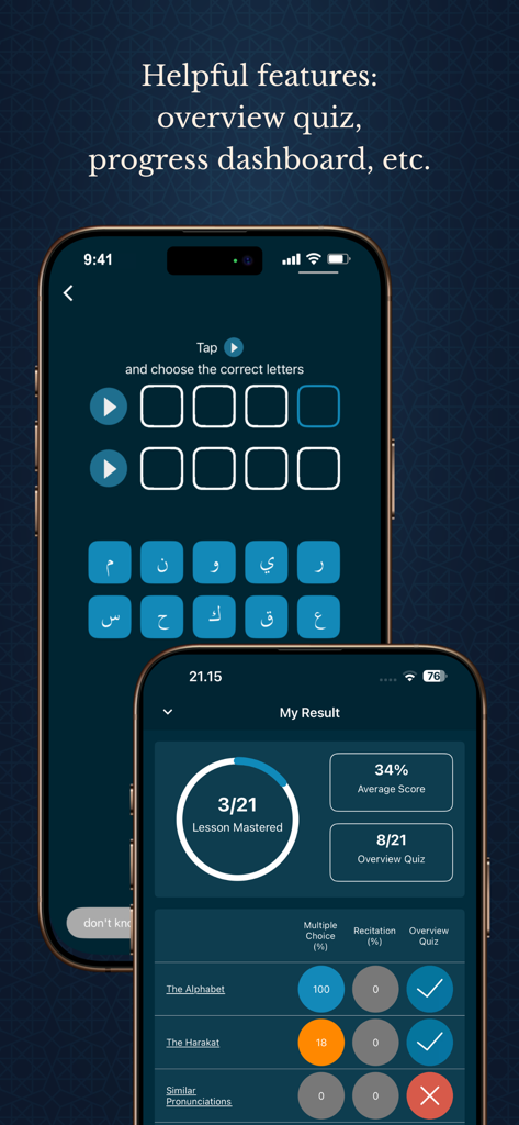 Two phone screens showing the Learn Quran Tajwid app interactive letter quiz and a progress dashboard with lesson mastery statistics