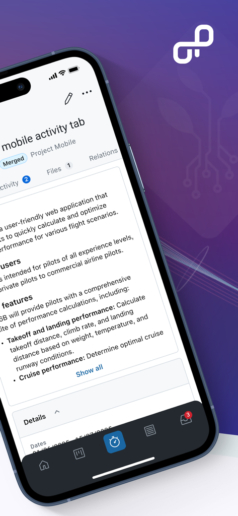 OpenProjectモバイルアプリのインターフェース。iPhoneでプロジェクトタスクの詳細と作業パッケージ情報が表示されています。