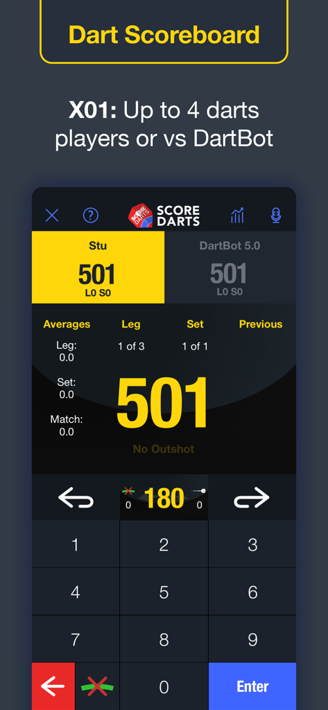 Score Darts Scoreboard - Score Darts 앱 인터페이스, DartBot과의 501 게임 모드 표시