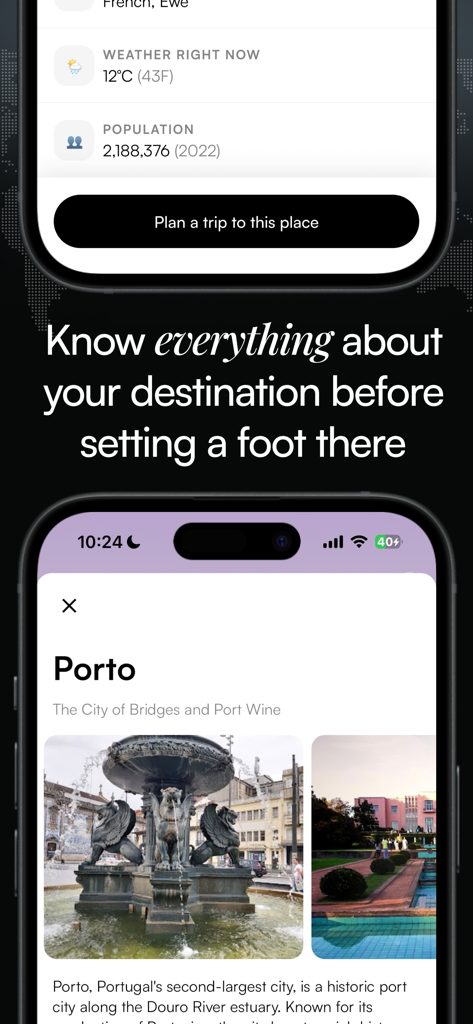 Trip o'clock: Travel anywhere - Tela do aplicativo móvel mostrando detalhes do destino do Porto, incluindo clima e estatísticas populacionais no Trip o'clock.