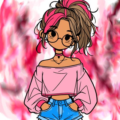 girl with a messy ponytail glasses a baggy crop top and jean shorts