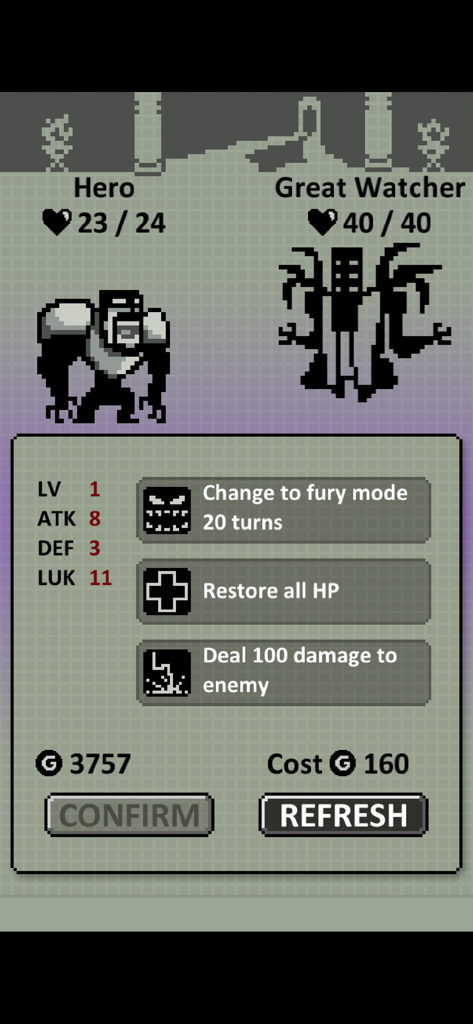 Retro pixel art battle screen in Tower of Fortune showing combat options and character stats against a Great Watcher boss.