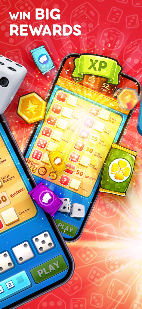 A mobile game screen showing a digital Yahtzee score card with various rewards and dice icons.