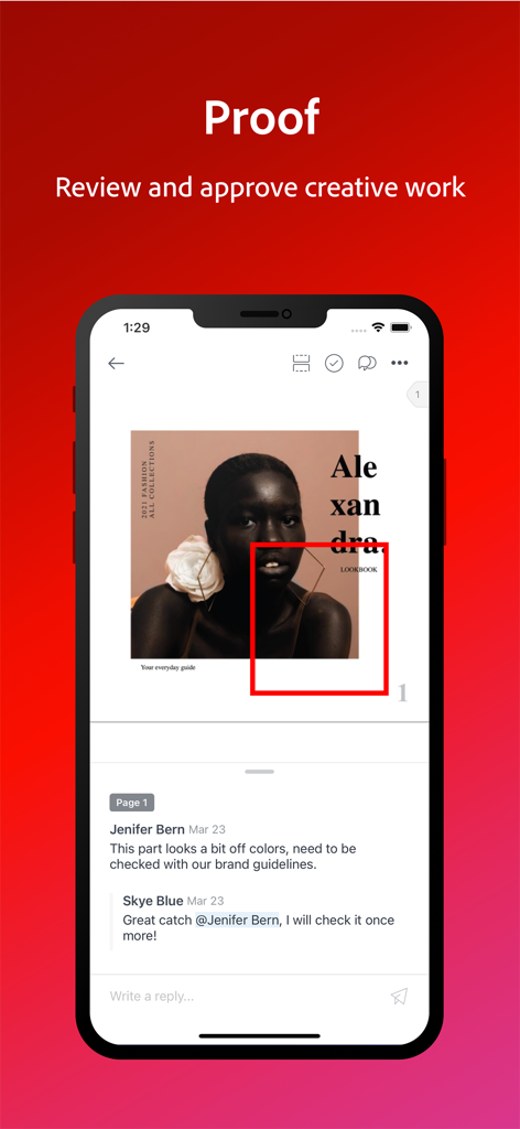 Adobe Workfront - コラボレーションコメントと承認ワークフローを含むクリエイティブな校正レビューを表示するAdobe Workfrontアプリのインターフェース