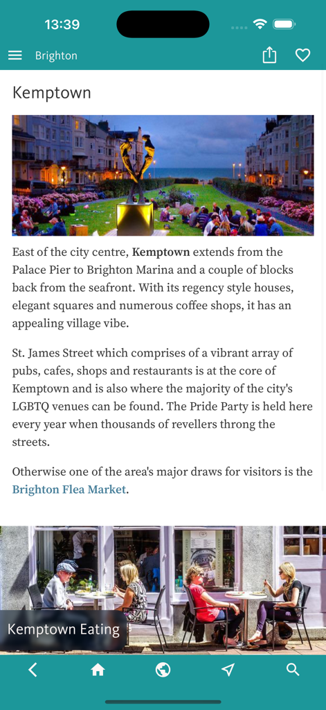 App-Bildschirm mit Informationen und Fotos des Kemptown-Viertels im Brighton's Best Travel Guide App