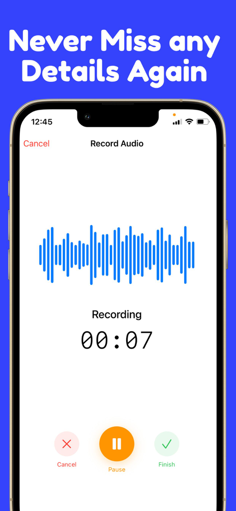 Transcribe Audio to Text: REVO - A smartphone screen displaying the audio recording interface of the REVO transcription app with a blue waveform and a seven second timer