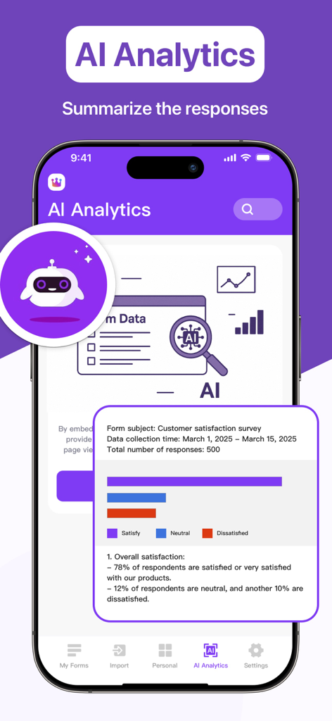 Forms for Google Forms App - Painel de análise de IA no aplicativo Forms for Google Forms mostrando resumos de respostas e gráficos de pesquisa de satisfação.