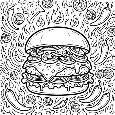 Prepare for a vibrant feast with this exciting spicy jalapeño burger coloring page. Dive into a detailed depiction of a delicious burger surrounded by playful flames, chili peppers, and cheese motifs, ready for your artistic touch.