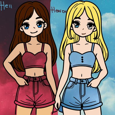 two sisters with crop tops and jean shorts and straight hair