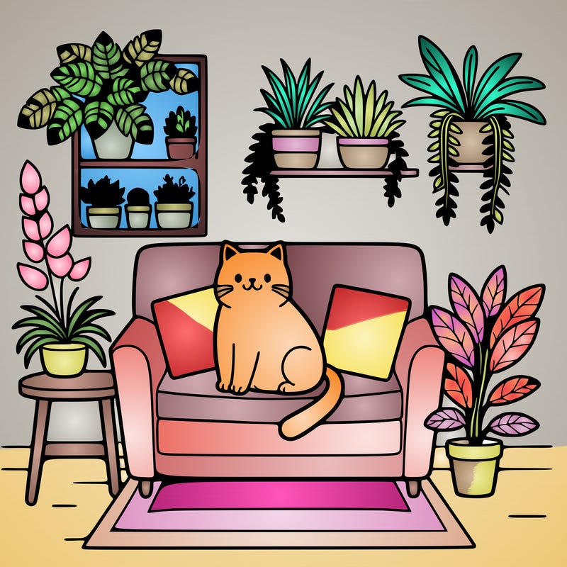 cat on a sofa in a room full of plants
