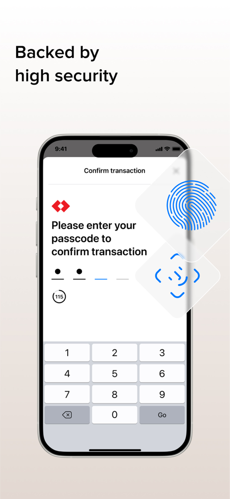 Tela do aplicativo Techcombank Business mostrando confirmação de transação com entrada de senha e opções de segurança biométrica como impressão digital e ID facial.